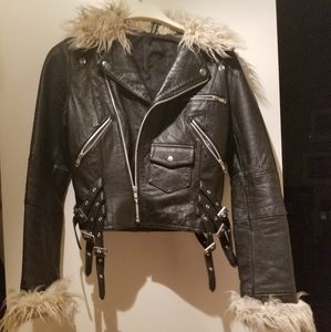 H&M Divided Genuine Leather Motorcycle Jacket With Faux Fur Collar and Cuffs